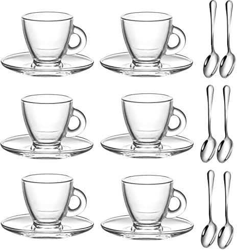 GURUDAR Espresso Cups with Saucers and Spoons Set of 6, Glass Demitasse Cups for Cappuccino Latte Café Mocha Tea and More Beverage, 3.2OZ/95ML, Clear