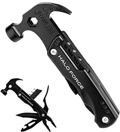 HALO FORGE 14 in 1 Martello Multiuso, Martello Multifunzione in Acciaio Inox con Cacciavite, Coltello, Pinza DIY Strumento Multifunzione Pieghevole per Campeggio, Regali per Uomo,Trekking