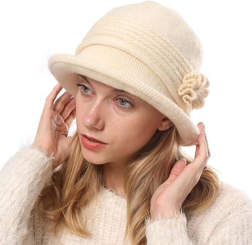 Huakunda Chapeau Tricot Femme Hiver Chaud Vintage avec Accent Fleuri Bonnet Bonnet Crochet Doux Chapeau Bucket Promenades Maman (FR/ES, Alpha/Lettres, Taille Unique, Beige)