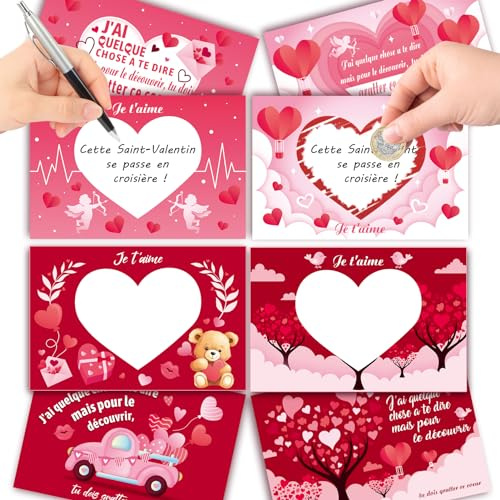 DPKOW 12pcs Français Je t'aime Carte à Gratter d'Amour Cadeau pour Couple Amoureux Saint Valentin Carte à Gratter Cadeau pour Homme Femme Mari Anniversaire Mariage Saint Valentin Copain Copine Cadeau