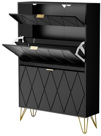 UEV Scarpiera Salvaspazio Slim in Legno Ingegnerizzato, Scarpiera Ingresso da Portascarpe con 3 Ante a Ribalta, Porta Scarpe per 16 Paia, 80 x 24 x 120 cm, Nero