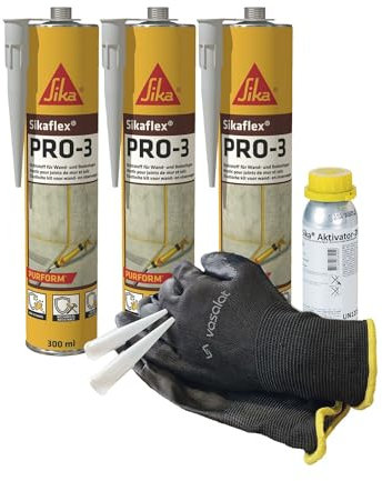 Sikaflex PRO-3 betongrau 3x 300ml Dichtstoff für Fugen - mit Aktivator 205 zur Abdichtung von Aluminium und Stahl mit 5 Düsenspitzen