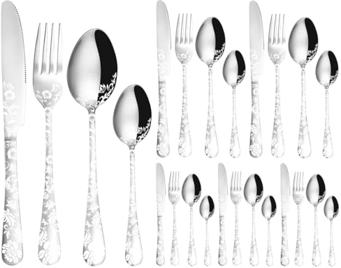 XIAOYU Set di posate da 24 pezzi, servizio di posate in acciaio inossidabile per 6, design con motivi floreali di peonia, set dnclude coltelli/forchette/cucchiai, argento