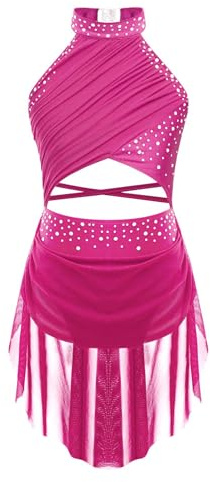 YiZYiF Vestito da Balletto Bambina Costume di Danza Senza Maniche Abito da Ballo Lirico Contemporaneo Body da Ginnastica Vestito Pattinaggio Artistico Rosa Caldo 9-10 Anni