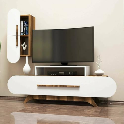 Dmora - Parete attrezzata Segin, Composizione soggiorno, Mobile salotto multiuso, Armadio porta TV, 145x37h50 cm, Noce e Bianco