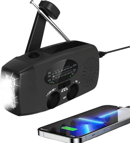 Solar Radio, Tragbar Kurbelradio Dynamo Radio mit AM/FM, Notfall Radio mit Kurbel, 2000mAh Wiederaufladbare Powerbank,LED Taschenlampe,USB-Handy-Lader für Camping Ourdoor schwarz