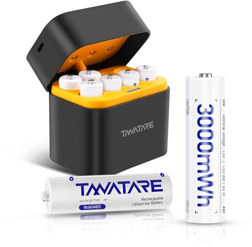 Tanatare AA Rechargeable Lithium Batteries with Charger, 8 Pack 3000mWh High Capacity 2000 Cycles 1.5V AA Batteries with 2 in 1 Charging-Storage Box