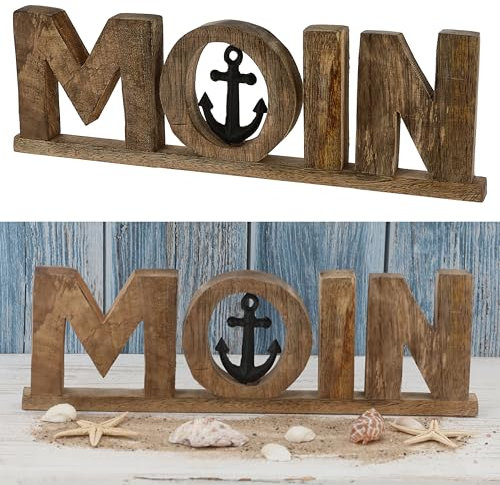Cepewa Schriftzug 'Moin' Anker schwarz | 38x12x2,5cm Mangoholz Aluminium | Dekoaufsteller Tischdeko Aufsteller maritim (1 x Schriftzug Moin Anker schwarz 38x12cm)