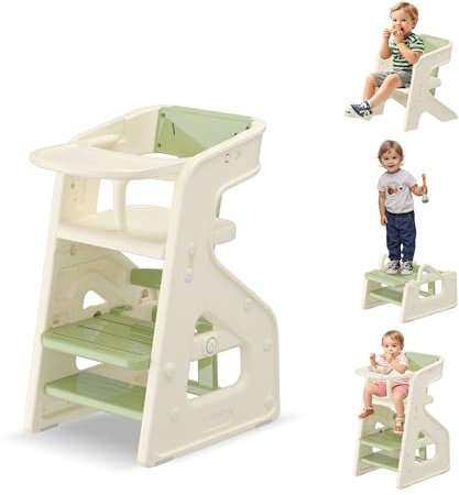 hoopyosms 3-in-1 Hochstuhl Baby mit Sicherheitsgurt & Essbrett, Höhenverstellbarer Kinderhochstuhl, Wandelbar zu Tritthocker & Stuhl, Anti-Rutsch-Basis, Belastbar bis 60kg, Grün