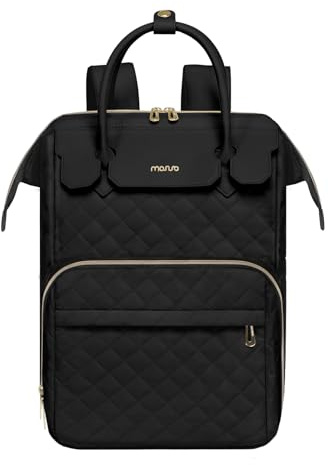 MOSISO Laptop-ryggsäck för kvinnor män 15,6 tum, 15-16 tum laptopväska romb quiltad flyggodkänd resa med PU-handtag, ryggsäcksväska ryggsäck med USB-port för högskola arbete affärer, svart