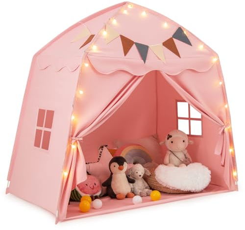 COSTWAY Kids Play Tent, Toddler Bed Tents with String Lights, Flag Banner, 2 Windows, Indoor Outdoor Castle Fairy Playhouse for Boys Girls (Pink)