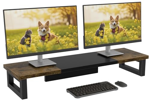 OYRREU Dual Monitor Stand, 91x26cm Wood Desks Shelf, Double Monitor Riser for Laptop PC Computer Screen Monitor Stand Desktop Organiser for Working, Black&Rustic Wood