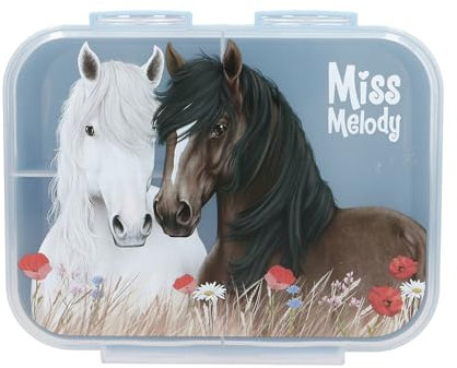 Depesche 13398 Miss Melody Dusty Rose - Boîte à goûter en Bleu Clair, avec Motif de Chevaux et de Coquelicots, boîte à déjeuner à 3 Compartiments et Couvercle Transparent