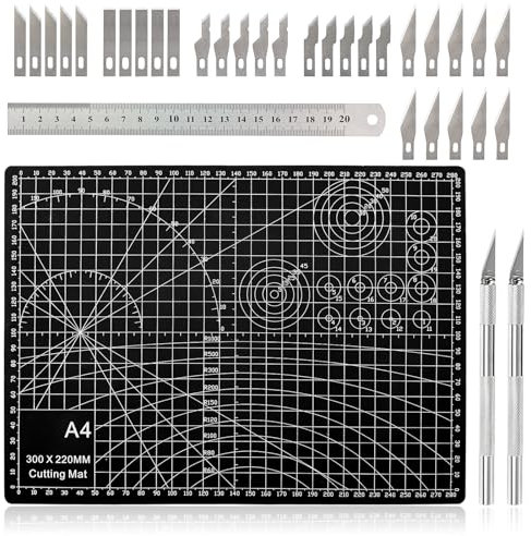 OMJMYY Schneidematte A4 Cutting Mat Schwarz Doppelseitiges Gitte Selbstheilend Schneideunterlage mit Stahllineal Ersatzklingen für Basteln Nähen Patchworken Malen