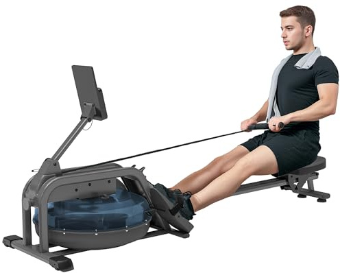 SPORTNOW Remo de agua, remo de ejercicio, 6 niveles de resistencia, pantalla LCD y soporte para tableta, almacenamiento vertical con ruedas, carga máx. 135 kg, acero