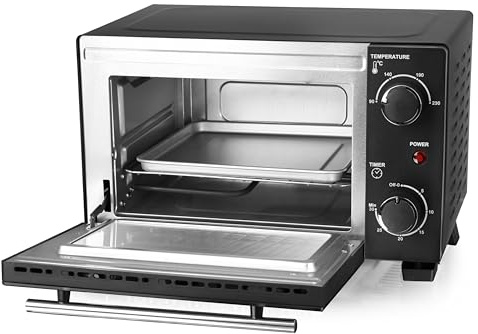 EMERIO MO-124451 - Mini horno (10 litros, 800 W, incluye bandeja de horno y parrilla, horno tostador, seleccionable 90° – 230 °C, temporizador de 30 min, cable de 1 m, minihorno, horno pequeño, horno