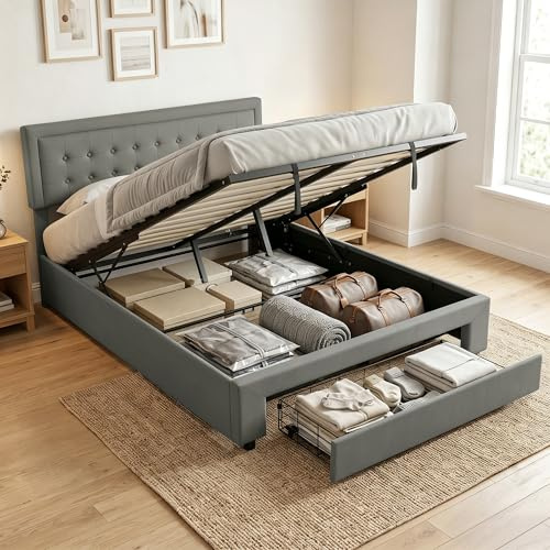 HOMCOM Upholstered Ottoman Bed with Storage Drawer and Adjustable Headboard, 5ft King Size Bed Frame with Gas Lift End Opening, Wooden Slats, No Mattress, Grey