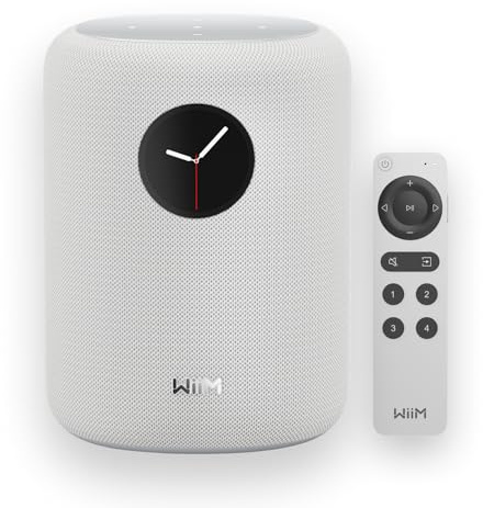 WiiM Sound Smart Speaker with 1.8″ Touch Display, Hi‑Res 24‑bit/192 kHz, AI RoomFit™ Room Correction, 100W Peak, Wi‑Fi 6E/Bluetooth 5.3, Multi‑Room & Stereo Pairing, Remote Included, White