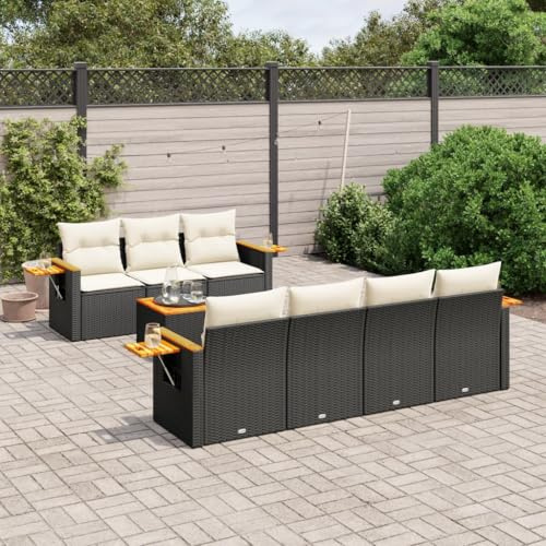 Set di divani da giardino in polyrattan nero, con cuscino, vano portaoggetti, tavoli pieghevoli, resistenti ai raggi UV, alle intemperie, per terrazze, balconi