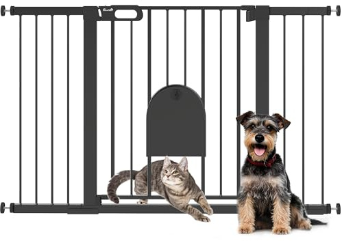 PawHut Barrera de Seguridad para Perros Extensible 75-131 cm, para Puertas y Escaleras, Barrera para Perros con Puerta Pequeña, 3 Extensiones, Montaje a Presión y Doble Bloqueo, Negro