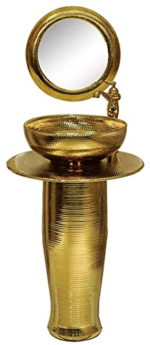 LQAIomn Pedestal Sink, Elegant One Piece Pedestal Sink Gold Round Freestanding Sink, Modern Ceramic Pedestal Basin, 16 Inch Pedestal Washbasin, Bathroom Vanit(with Mirror)