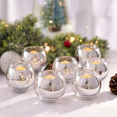 6pcs Tea Light Candle Holders, Votive Candle Holders, Decorative Mercury Glass Tealight Holders for Wedding, Christmas, Party, Anniversary, Holiday, Home Table Centerpieces(6, Silver)