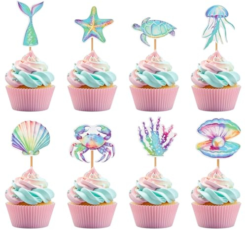 Decoración de pastel de sirena, 32 piezas adornos de magdalena temática de sirena para cumpleaños, Cupcake Topper para fiestas de cumpleaños sobre el tema de la sirena bajo el mar (8 estilos)