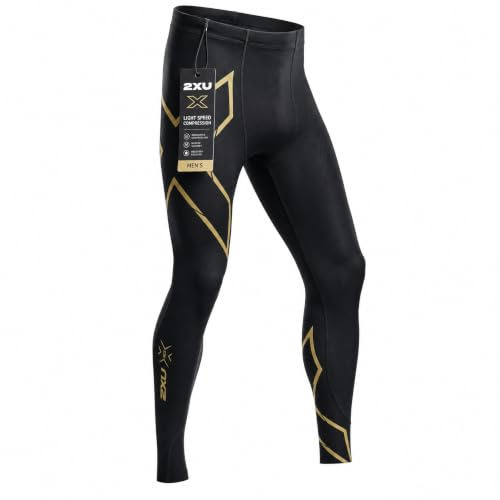 2XU Men’s Light Speed Compression Tights, Compression Pants for Running, Training & Recovery - Large Black/Gold Reflective