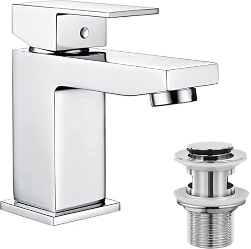 Hapilife Basin Taps Square with Pop up Waste Bathroom Sink Mixer Taps with UK Standard Hoses, Single Lever Hot and Cold Basin Mixer Tap for Bathrooms