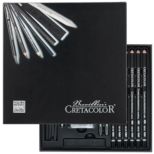 CRETACOLOR Black Box, set da disegno e carboncino da 20 pezzi, confezione regalo, incl. gomma da cancellare impastata e gomma per carta