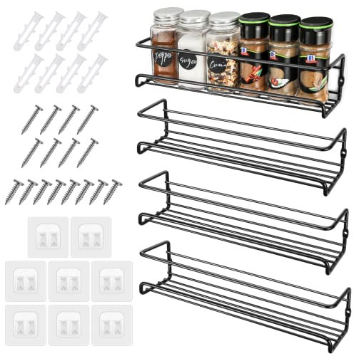 Miiepls 4er Set Gewürzregal, Gewürzregal Wand Metall Ohne Bohren mit 8 Selbstklebende Haken und Schrauben, Spice Rack für Küche Schranktür, Schwarz - 29×6,8×6,5CM