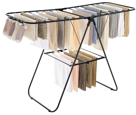 SONGMICS Clothes Drying Rack, with Sock Clips, Metal Laundry Rack, Foldable, Space-Saving, Free-Standing Airer, with 2 Height-Adjustable Gullwings, Indoor Outdoor Use, Black ULLR052B01