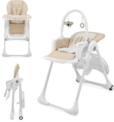 Kinderkraft TUMMIE Chaise Haute 2 en 1, pour Bébé Ergonomique, Confortable, Inclinable, Pliable, avec Hauteur Réglable, Repose-Pieds, Plateau Amovible, pour Tout-Petit, avec jouets, Beige