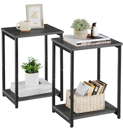 VASAGLE Set of 2 Side Tables, 2-Tier Sofa Side Tables, Bedside Tables with Steel Frames, for Living Room, Bedroom, Home Office, Industrial Style, Misty Grey and Classic Black LET272B68