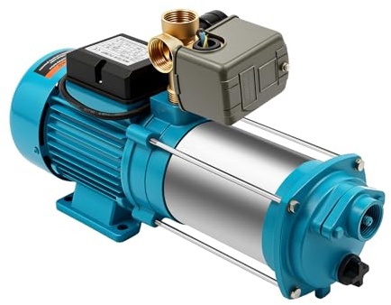 TESUGN Vridpump 1 300 W rostfritt stål centrifugalpump trädgårdspump vattenverk pumpkontroll tryckbrytare 9,8 bar, 4 000 L/H trädgårdspump tryckbrytare pumpkontroll 5-dagars med manometer