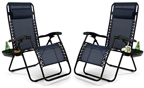 Multigot 1/2PCS Folding Reclining Lounge Chair, Adjustable Zero Gravity Chair with Removable Headrest and Cup Holder, Portable Outdoor Sun Lounger for Garden Beach Patio (2, Navy Blue)