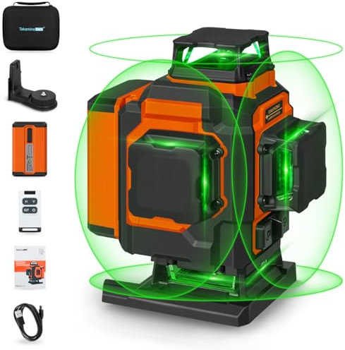 TakamineTech niveau laser 4x360 autonivelant Pro,professionnel lazer niveaux vert 4d 16 lignes adapté pour le laser chantier,avec batterie lithium 5200mAh,télécommande,support rotatif magnétique