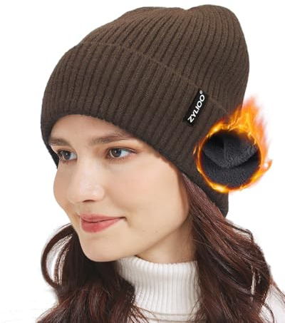 Zylioo S/M/L/XL/XXL fleece vintermössa stickad mössa för stora och små huvud, vinter varm beanie mössa, skalle klocka mössa, Fleecematning kaffe, L-XL