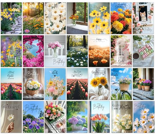 the lazy panda card company Set 30 Geburtstagskarten Glückwunschkarten zum Geburtstag mit Umschlag. Grusskarte Blumen Geburtstagskarte Happy Birthday Mann Frau Karten Karte