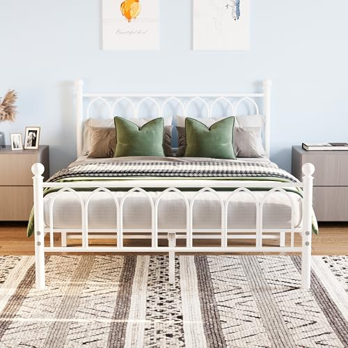 JELUTE Marco de cama de metal con cabecero y reposapiés, base resistente, soporte de listones de metal (blanco, 140 x 190 cm)