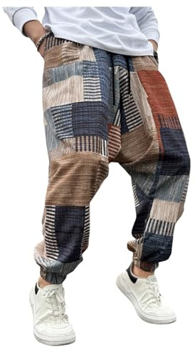 BEAUDRM Men's Color Patchwork Hippie Harem Pants Baggy Boho Pant Streetwear