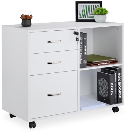 Relaxdays Mueble Archivador, 3 Cajones, 2 Compartimentos, 66x80x40 cm, 4 Ruedas Cajonera Oficina, con Llave, Blanco
