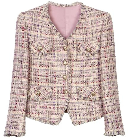 Chaqueta de tweed informal con cuello en V y elegante diseño de temperamento social, para mujer, Lila y lila, XXL