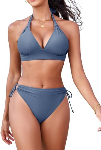 FemiChic push up bikini dam set triangel topp med knut detalj sträng nackhållare bikinitop för stora bröst avtagbara dynor baddräkt retro sport, blå, M