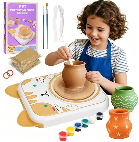 Pottery Wheel Kit for Kids 21 * 26cm,2 Speeds Complete Arts & DIY Crafts Set Pottery Painting Set with 2 Packs Air-Dry Clay Sculpting Tools Brushes Apron Removable Tray, Creative Gift for Girls Boys