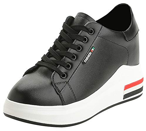 ANUFER sneakers för kvinnor hög plattform dold kilklack snörning mode träningsskor sportskor, Svart, 39.5 EU