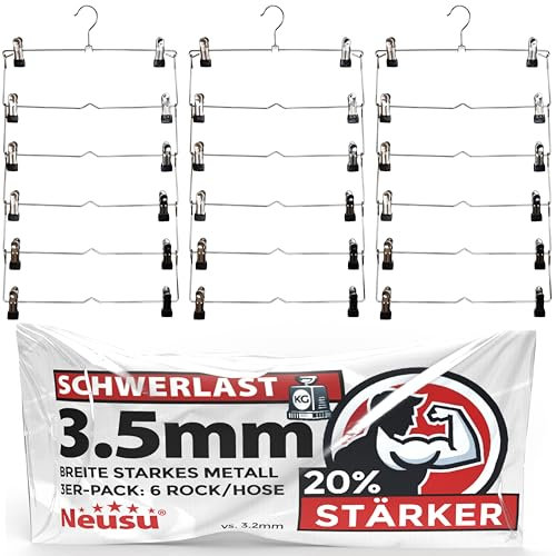 Neusu Platzsparende Kleiderbügel mit Clips für Hosen & Röcke - Robustes 3,5 mm Metall, Packung mit 3 x 6 Ebenen