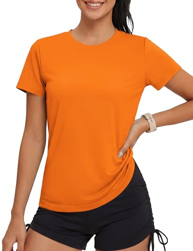 MAGCOMSEN Surf T-Shirt Damen UV-Schutz Sportshirt Fitness Atmungsaktiv Funktionsshirt Basic Sport Oberteile für Fitness, Yoga, Laufen Orange L