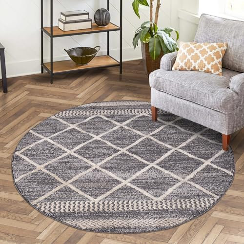 carpet city Teppich Ethno Wohnzimmer Grau - 160x160 cm Rund - Raute-Berber-Muster - Boho-Teppiche Kurzflor Modern - Tricolor Soft&Weich - Flachflor Schlafzimmer