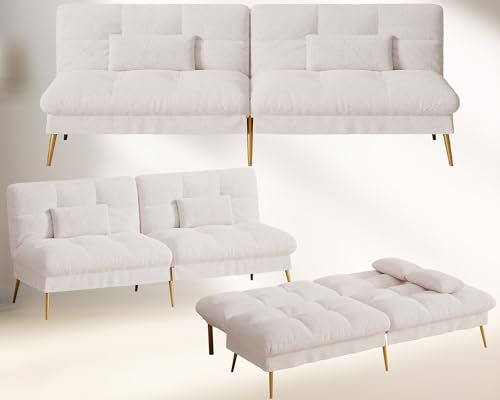 COMHOMA Sofá Cama con función de Dormir – Funda futón Convertible – Sofá esquinero – Sofá de Invitados de 3 plazas – con Respaldo Ajustable de Tela de Felpa Blanca